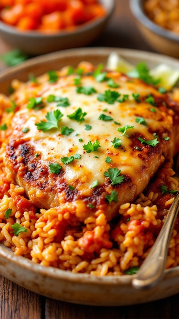 Mexican Pork Chops and Rice Bake with cheese and cilantro on a rustic table.